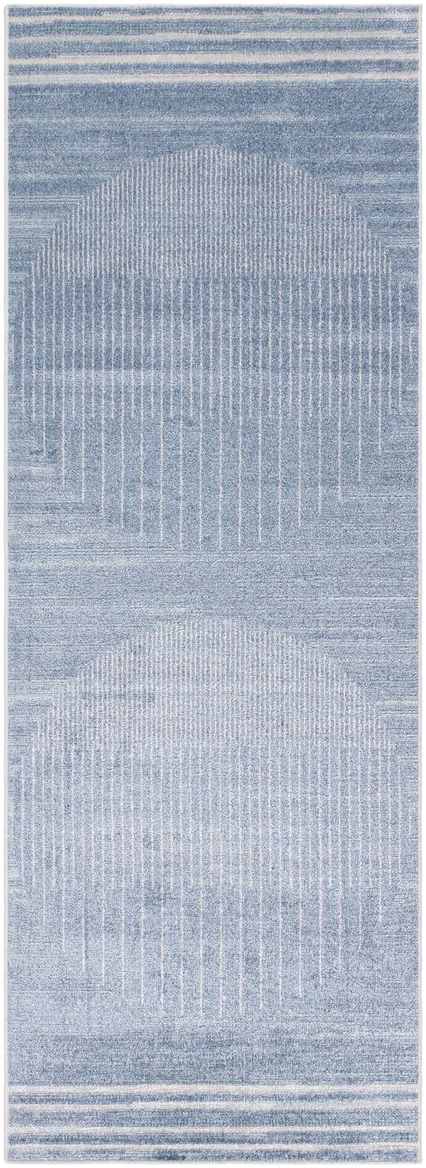 Close-up of the Thad Blue Washable Area Rug, featuring a contemporary off-white linear pattern on a blue background. Design-Runner-2773