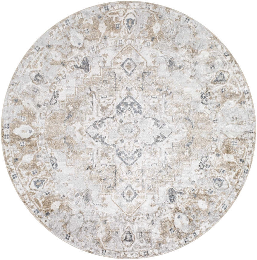 Round Dobry Boutique Washable Rug with a traditional oriental pattern in blue, off white, and tan. Design-Round-67