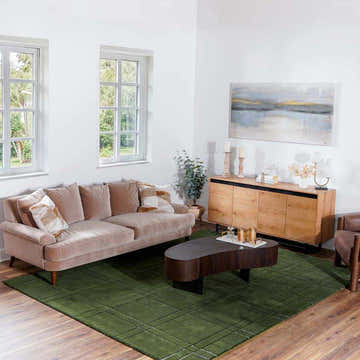 Living room scene with a Sixto Green Area Rug, beige sofa, wood cabinet, and modern coffee table. Roomscene-Rectangle