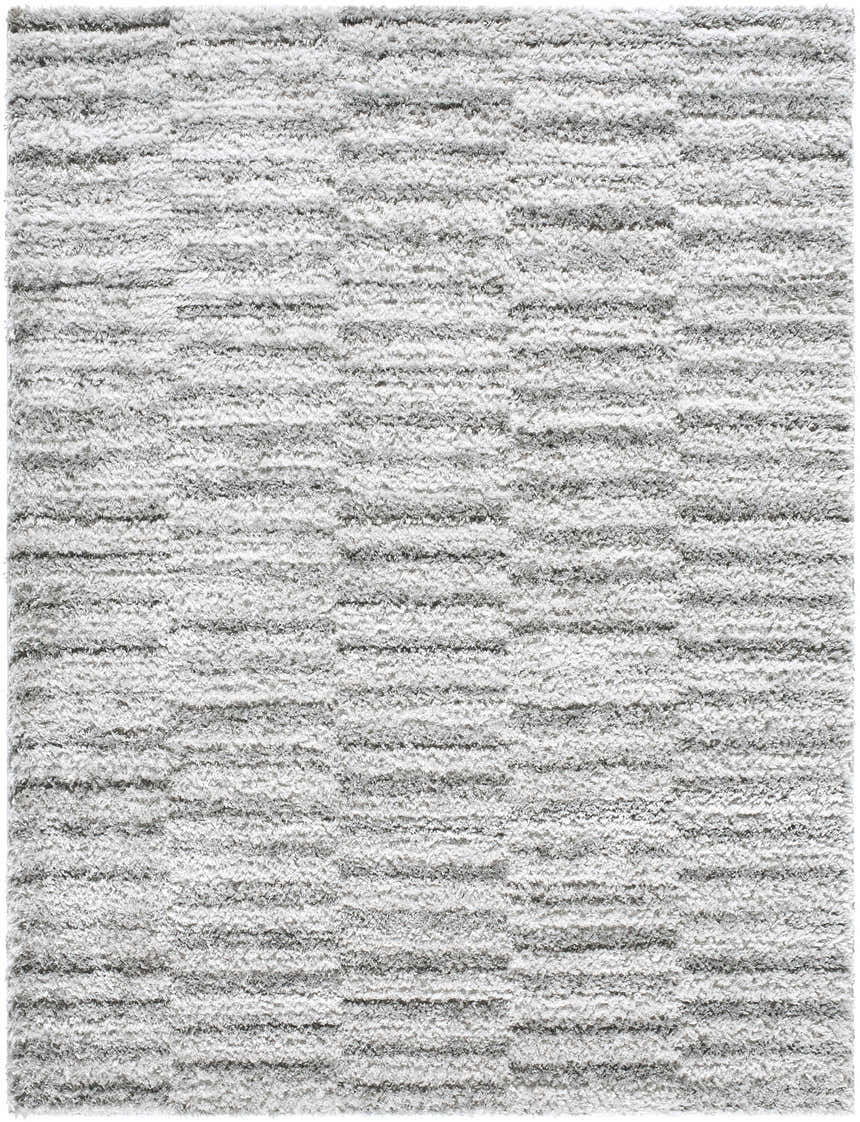 Close-up of the Anevay Dark Gray Area Rug, a soft shag rug with a subtle light slate and gray striped pattern. Design-Rectangle-537