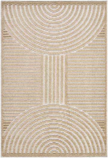 Close-up of the Deron Beige Washable Area Rug featuring a contemporary beige and light brown arched and linear design. Design-Rectangle-57