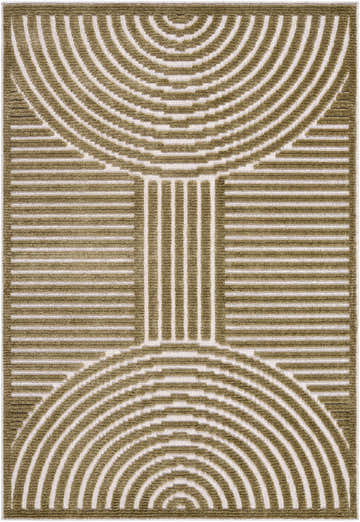Close-up of the Deron Khaki Washable Area Rug featuring a contemporary olive and white geometric pattern. Design-Rectangle-57