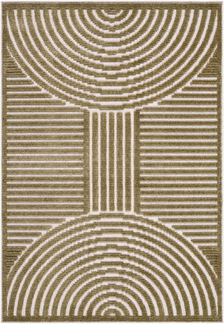 Close-up of the Deron Khaki Washable Area Rug featuring a contemporary olive and white geometric pattern. Design-Rectangle-57