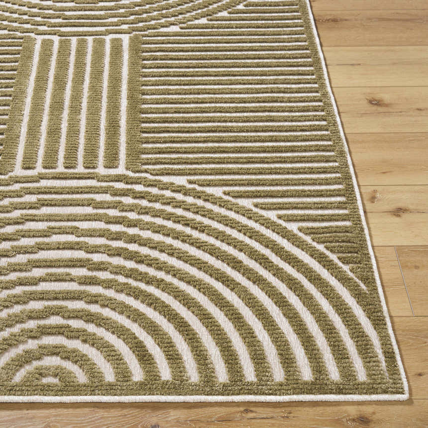 Close up of the Deron Khaki Washable Area Rug showing olive and white geometric striped pattern and machine woven texture. Front