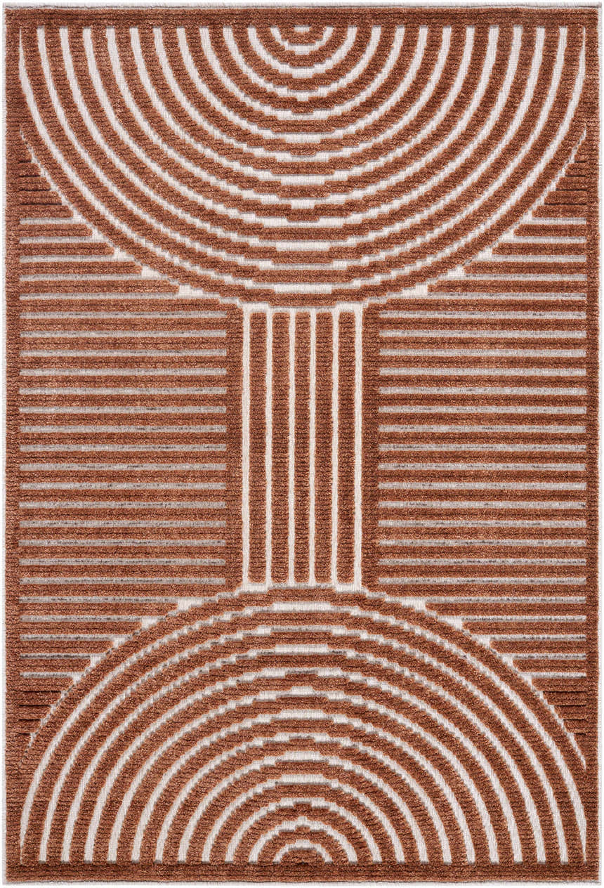 Close-up of Deron Brown Washable Area Rug. Features a geometric pattern of brown arcs and lines on a white background. Design-Rectangle-57