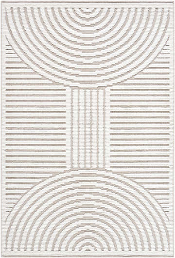 Close-up of Deron Ivory 3D Rainbow Washable Rug. Features off-white, raised geometric pattern on a light gray background. Design-Rectangle-57