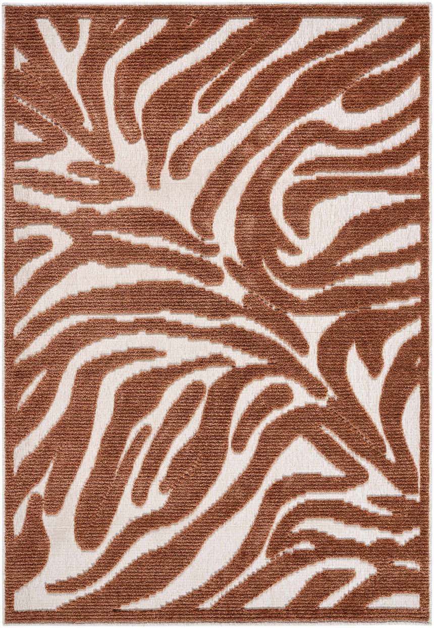 Close-up of Keto Brown Washable Area Rug featuring a contemporary brown and off-white abstract pattern. Design-Rectangle-57