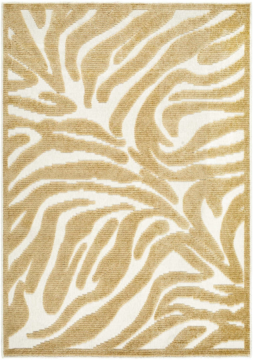 Close-up of the Keto White Washable Area Rug. Mustard and white abstract pattern. Machine woven texture. Design-Rectangle-576