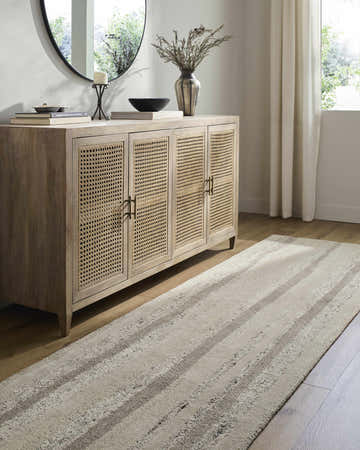 Entryway with a light wood console table and Siaju Ivory area rug runner with ash and silver gray stripes. Roomscene-Runner