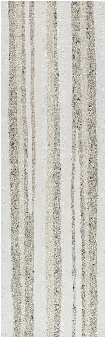 Close-up of the hand-tufted Siaju Taupe Area Rug. Features vertical stripes in shades of taupe and white, made of 100% wool. Design-Runner-310