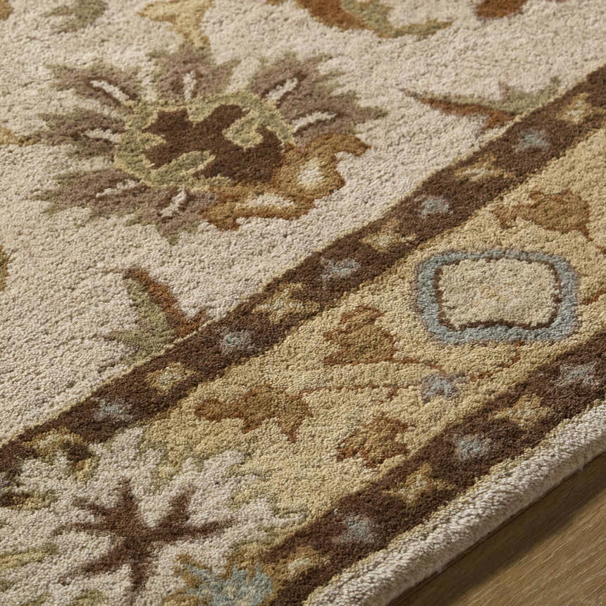 Close-up of the hand-tufted Smoot Area Rug. Beige wool rug with traditional brown, tan, and olive floral and geometric patterns. Texture