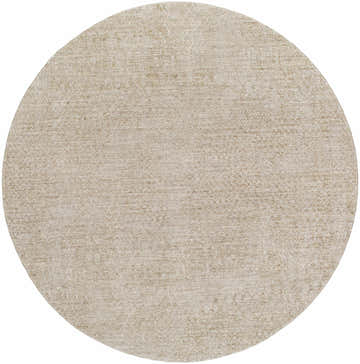 Close-up of a round Kaiya Area Rug in beachhouse beige, showcasing its subtle farmhouse pattern and soft polyester texture. Design-Round-67