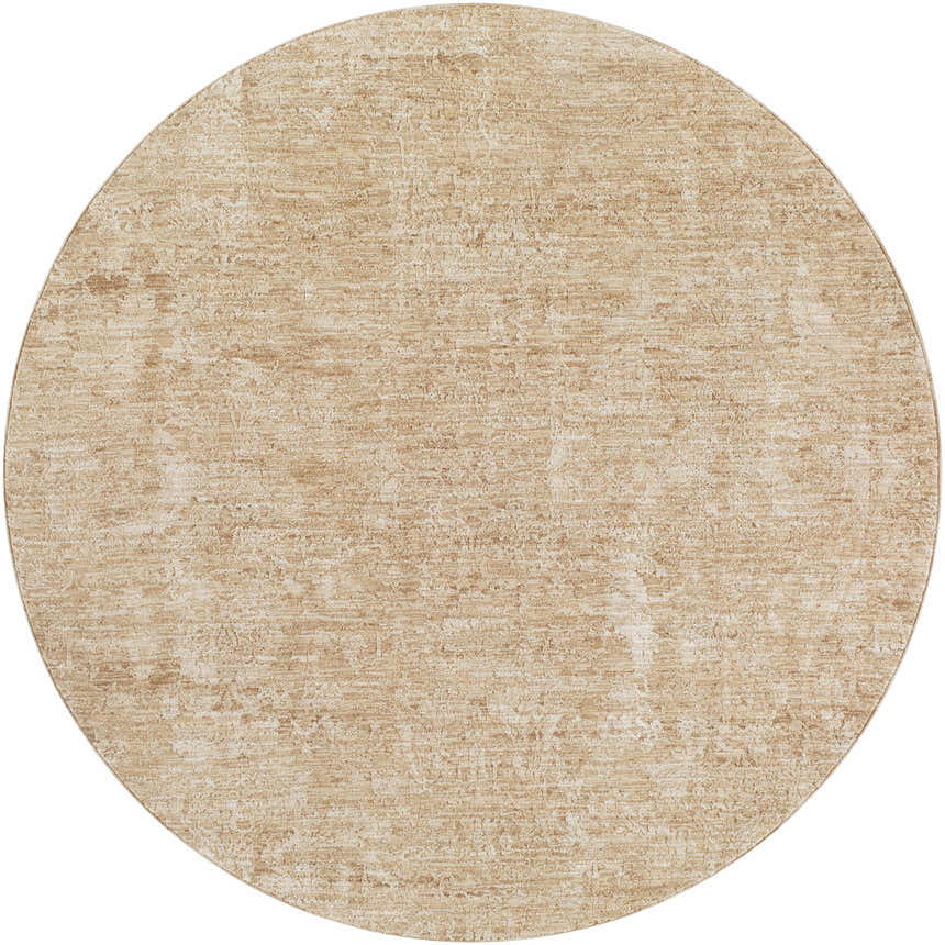 Close up of the round Katia Tan Area Rug, showcasing its khaki and tan farmhouse design. Design-Round-67