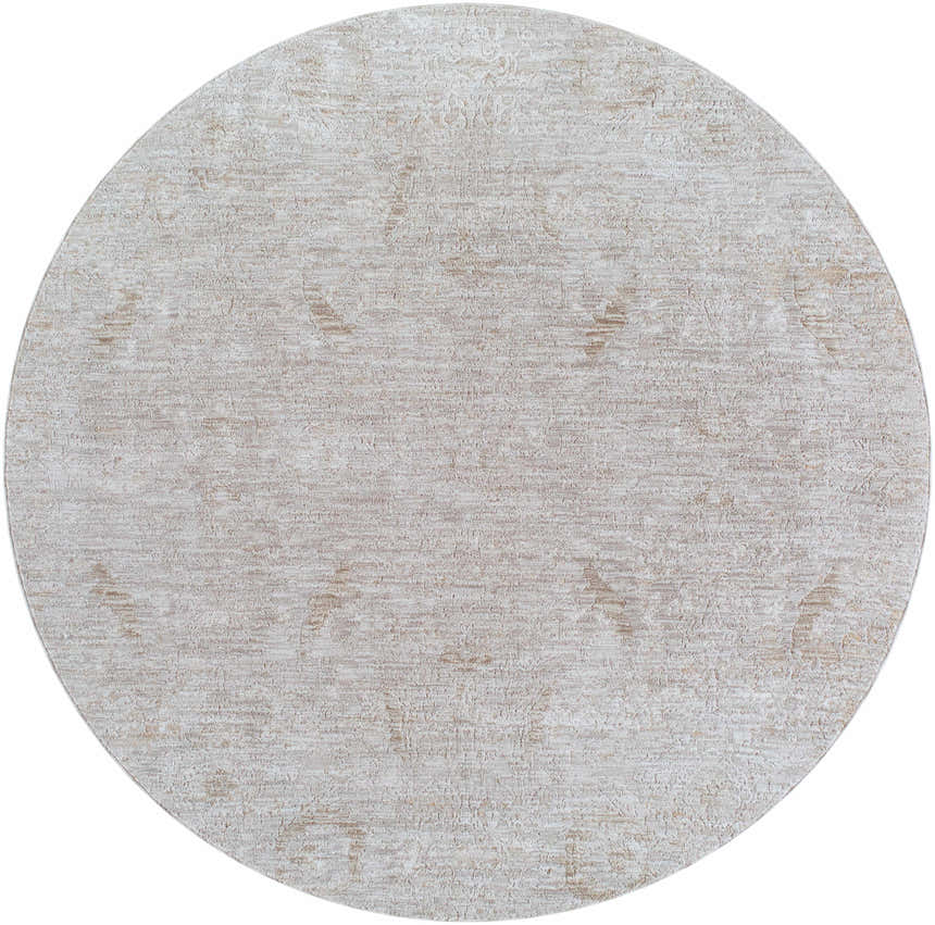 Close-up of round Katia Area Rug. Light gray and natural gray farmhouse style with subtle traditional pattern. Design-Round-67