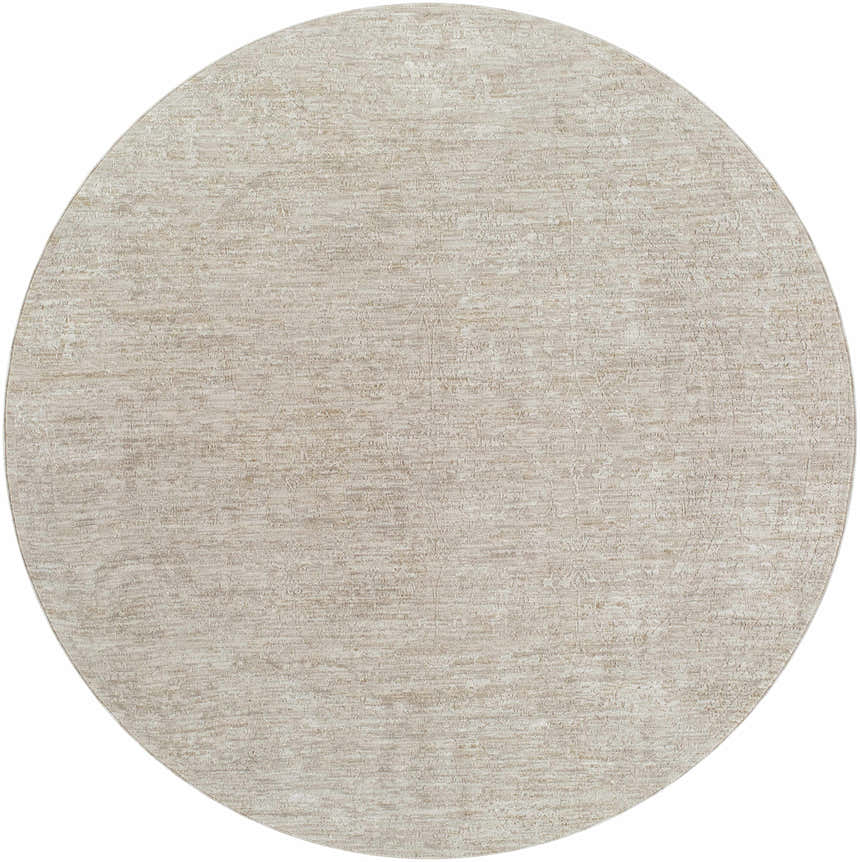 Close-up of the round Kyran Area Rug in light gray and natural gray, featuring a subtle traditional pattern. Design-Round-67