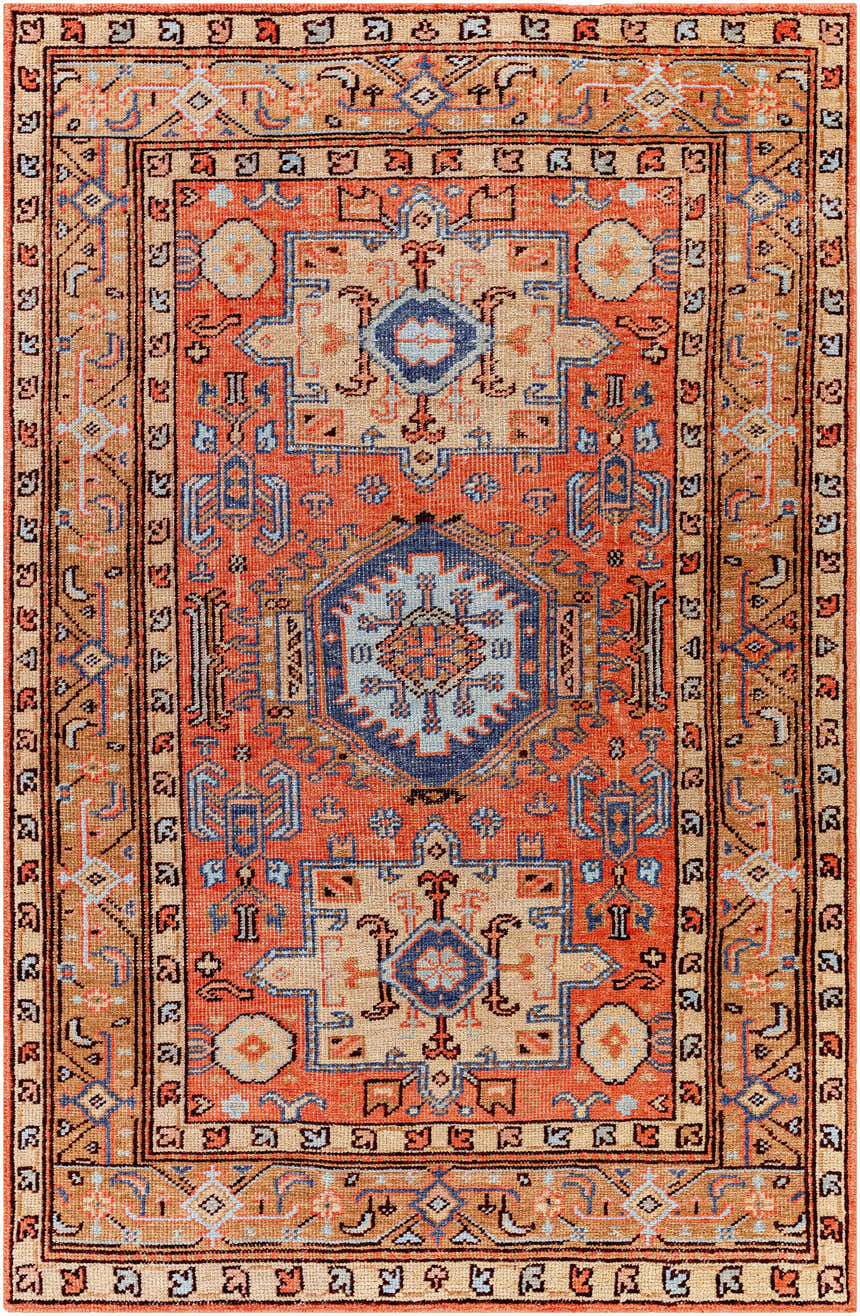 Hand-knotted Sandymount Area Rug featuring a traditional Southwestern design in blue, burgundy, coral, beige, and tan. Design-Rectangle-69