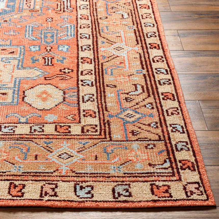 Close-up of the hand-knotted Sandymount Area Rug. Features a traditional oriental design in coral, blue, beige, and tan colors. Front