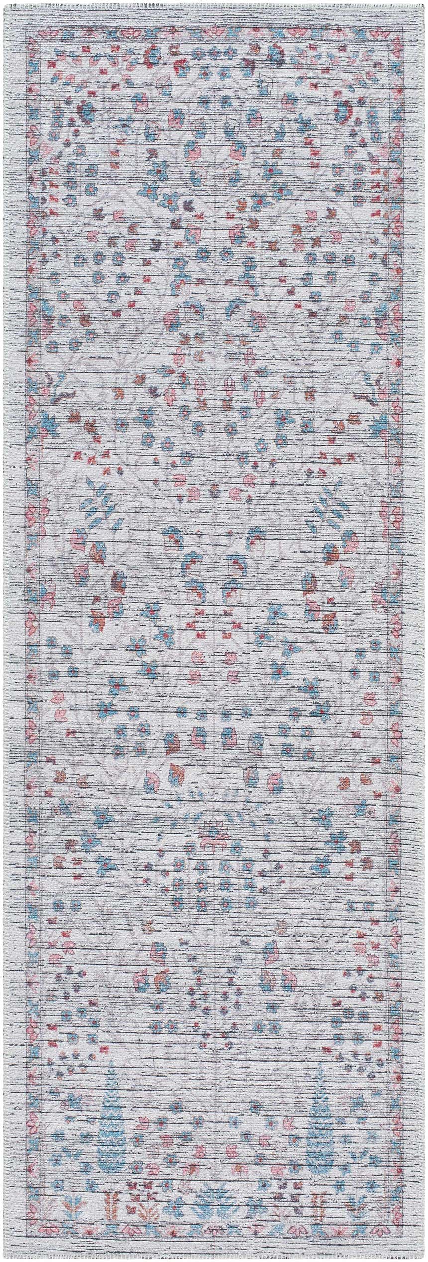 Close-up of the Vulk Area Rug. Machine-woven polyester rug with aqua, burgundy, and light gray floral pattern. Farmhouse style. Design-Runner-2573
