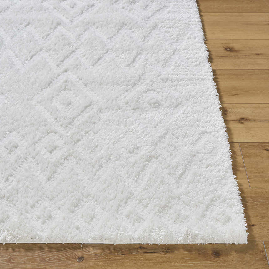 Close-up of the plush white Hoshi Area Rug showing its shag texture and subtle geometric pattern on wood floor. Front