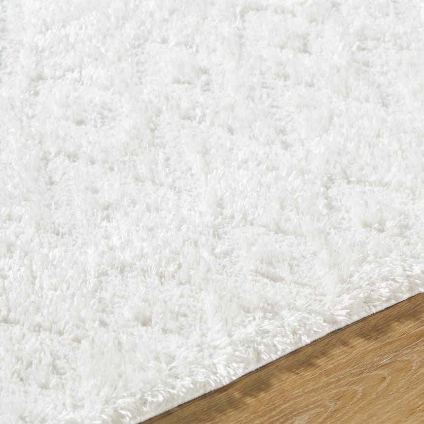 Close-up of the plush texture and design of the white Hoshi Area Rug on a wood floor. Texture