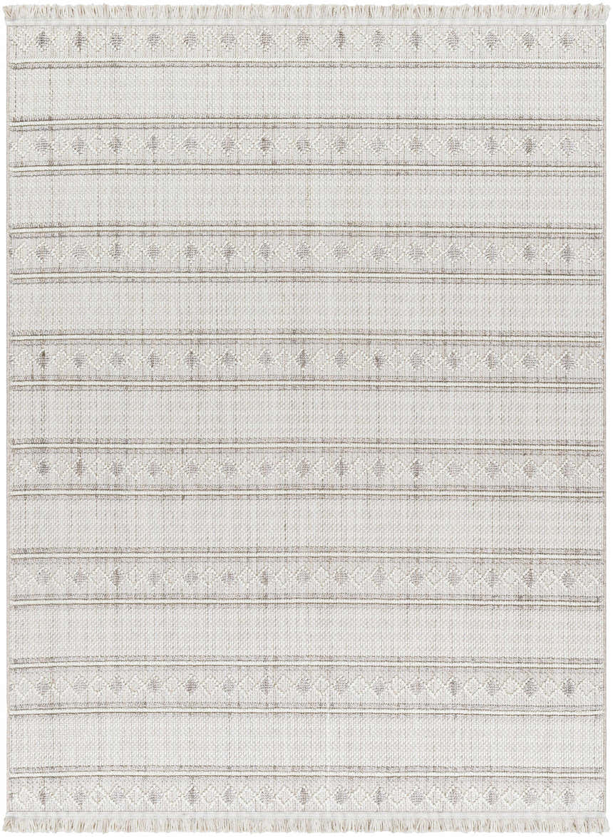 Close-up of the Dagan Area Rug. Beige, driftwood, and gray stripes with geometric patterns and fringe. Farmhouse style. Design-Rectangle-527