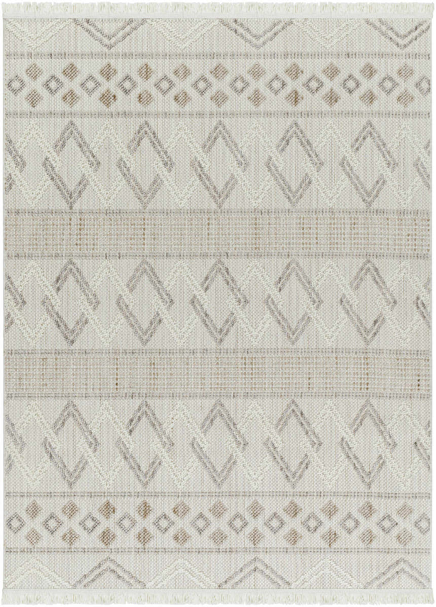 Close-up of Faruq Area Rug with beige, brown, and gray geometric diamond pattern and fringe. Farmhouse, Scandinavian style. Design-Rectangle-527