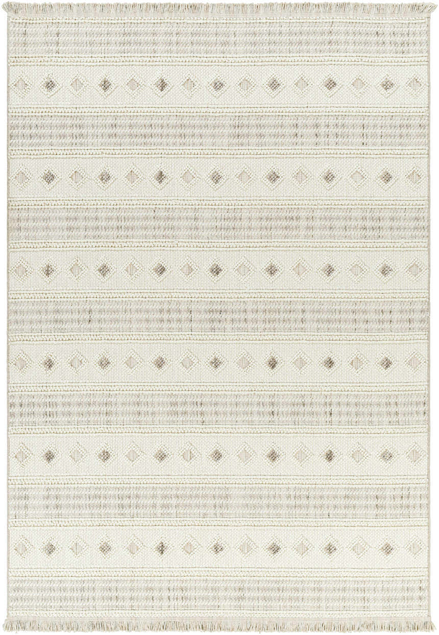 Close-up of the Hideo Area Rug, featuring a beige and gray geometric pattern with fringe. Farmhouse style. Design-Rectangle-527