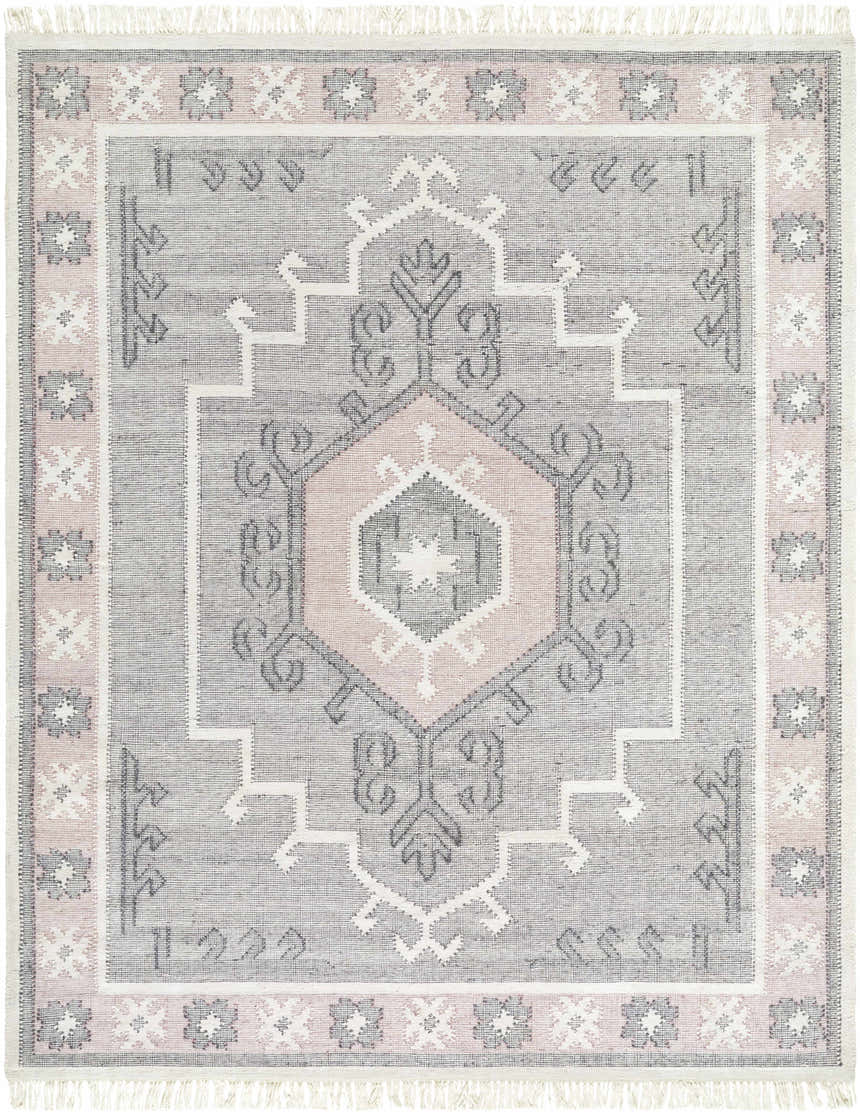 Close-up of the Sosa Area Rug. Hand woven rug in charcoal, cream, dusty pink, and light gray with a traditional geometric pattern. Design-Rectangle-810
