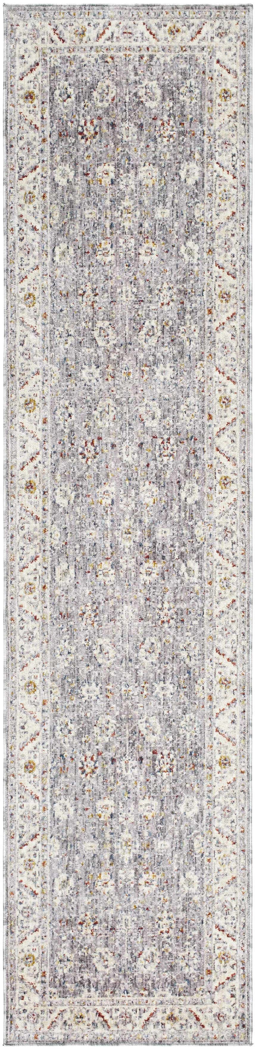 Close-up of the Sosi Area Carpet in dark beige, garnet, gray, and taupe. Farmhouse style, machine woven polyester rug. Design-Runner-239