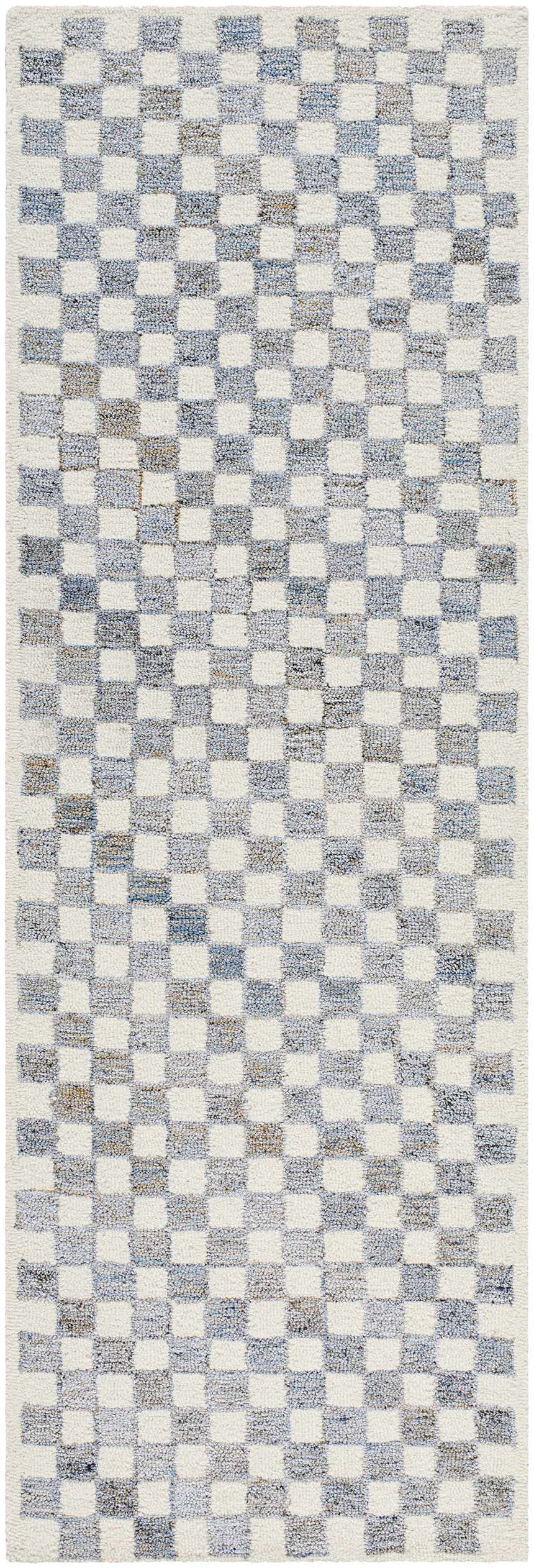 Close-up of the Halen Gray Checkered Area Rug. Hand-tufted wool rug with a gray, brown, and natural checkered pattern. Design-Runner-268