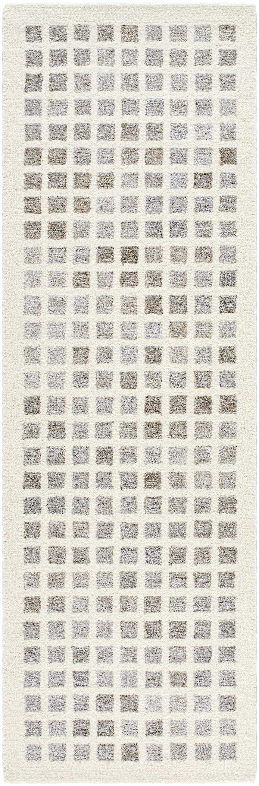 Close-up of the hand-tufted Harib Area Rug. Beige wool rug with a geometric grid pattern in cloud gray and medium brown. Design-Runner-268