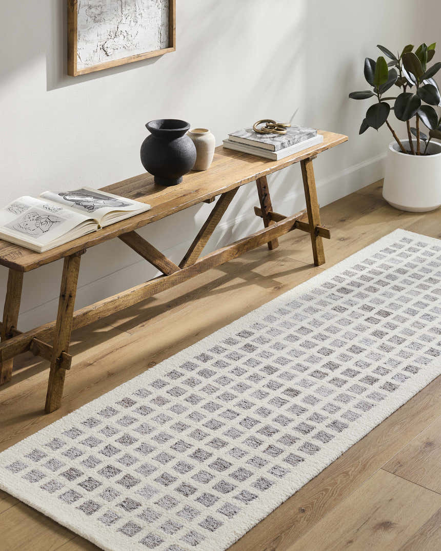 Hallway scene with a Harib Area Rug runner in beige and gray geometric pattern. Roomscene-Runner