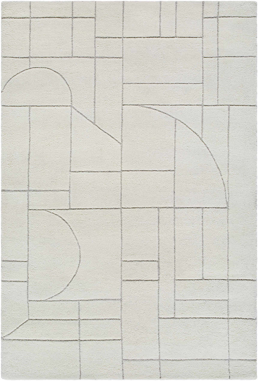 Close-up of the Fusao Off White Area Rug, a hand-tufted wool rug with a light silver geometric pattern. Design-Rectangle-576