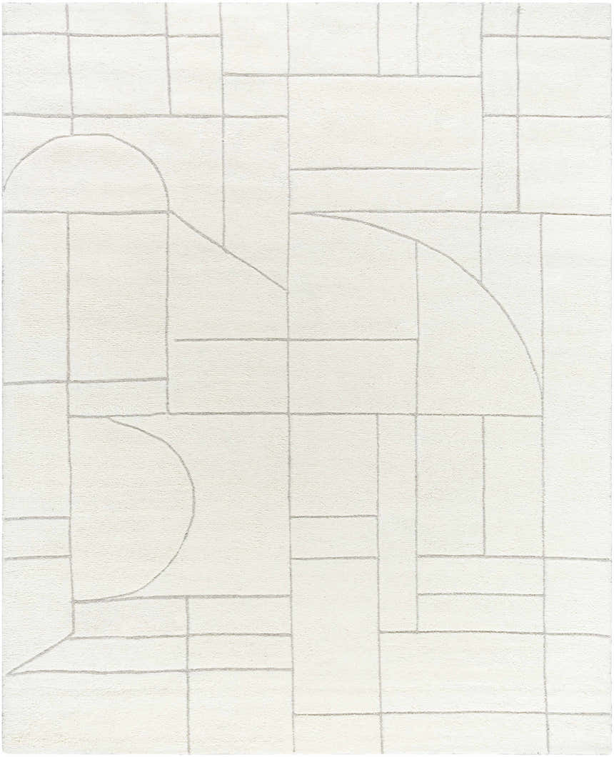 Close-up of the Fusao Off White Area Rug. Contemporary design with light silver geometric pattern on a soft, off-white wool texture. Design-Rectangle-810