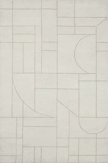 Close-up of the Fusao Beige Area Rug. Hand-tufted wool rug with a contemporary geometric design in beige and light beige. Design-Rectangle