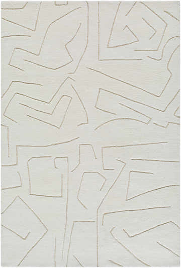 Close-up of the Mony Beige Area Rug. Beige wool rug with a contemporary geometric line pattern. Hand-tufted texture. Design-Rectangle-57