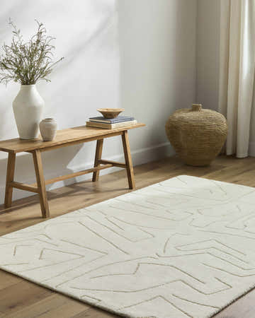 Minimalist living room with a beige Mony Area Rug, wood bench, and neutral decor. Roomscene-Rectangle