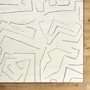 Close-up of the Mony Charcoal Area Rug. Off-white wool rug with a contemporary, geometric charcoal line pattern. Swatch