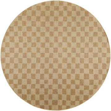 Close-up of a round Kuval Checkered Brown Rug. Camel and tan squares create a modern geometric pattern. Design-Round-710