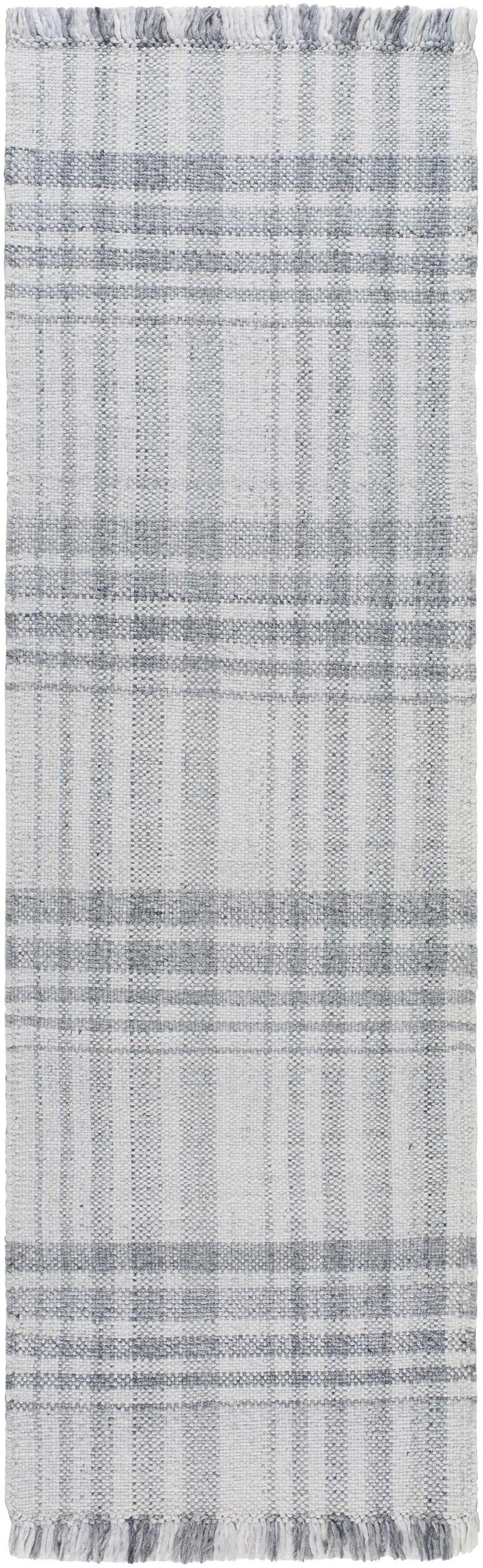 Close-up of the Inara Gray Plaid Area Rug, a hand-woven rug with a farmhouse style in shades of light and dark gray. Design-Runner-268
