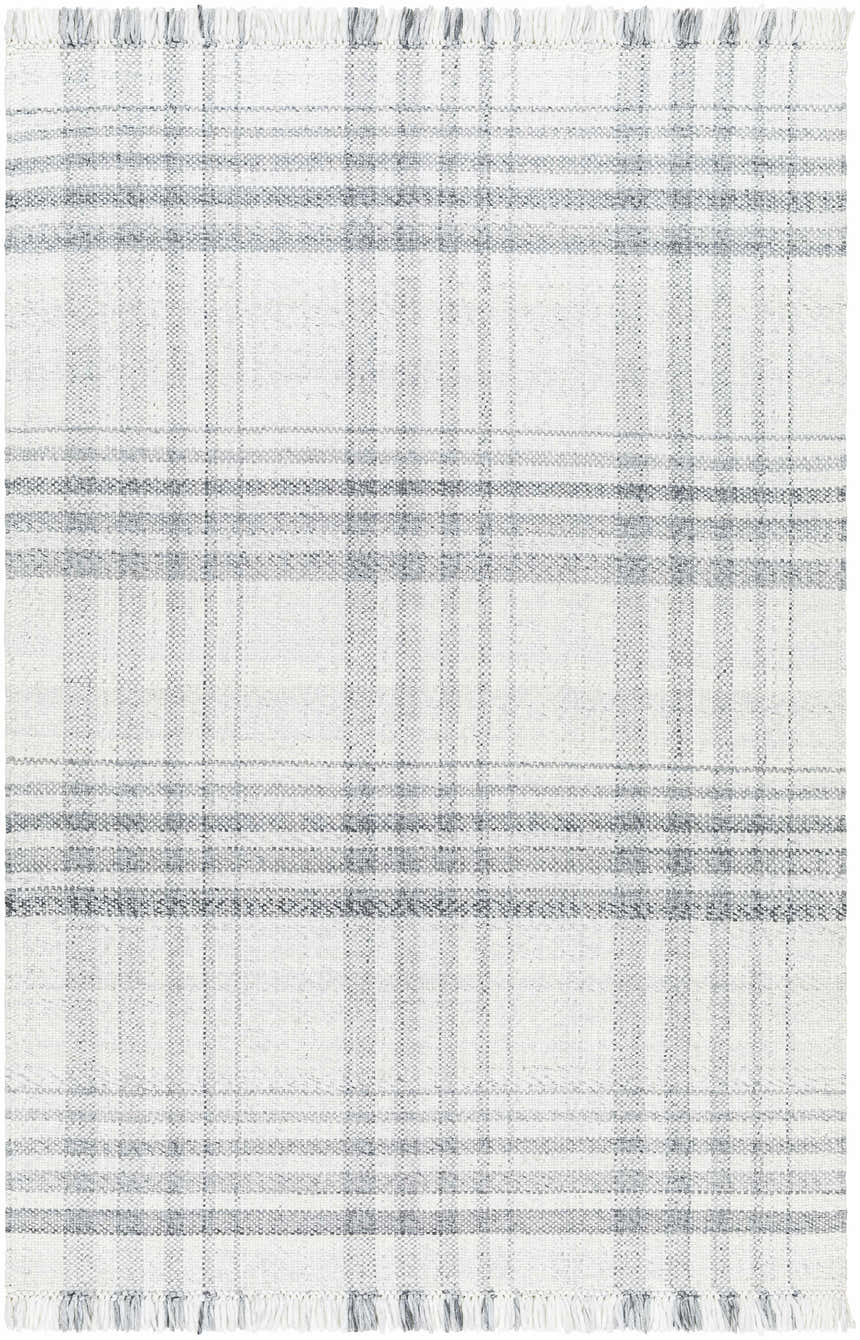 Close-up of the Inara Gray Plaid Area Rug, a hand-woven rug with a gray and white farmhouse-style plaid pattern. Design-Rectangle-576