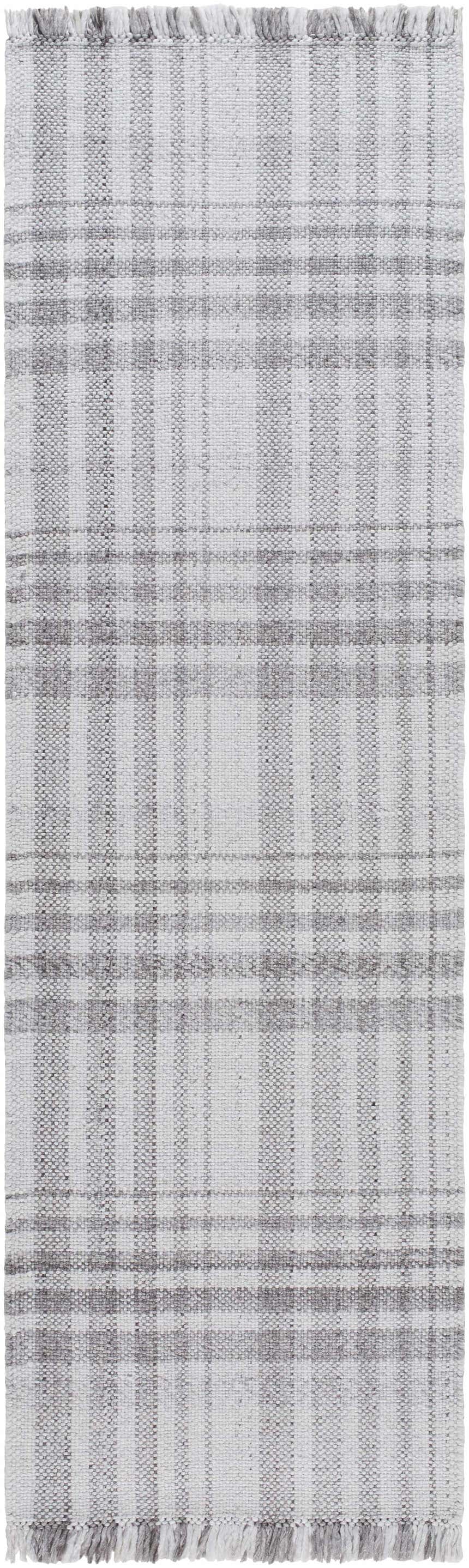 Close-up of the Inara Plaid Area Rug. Hand-woven rug in dark gray, gray, light gray, and silverton. Recycled PET yarn with fringe. Design-Runner-268