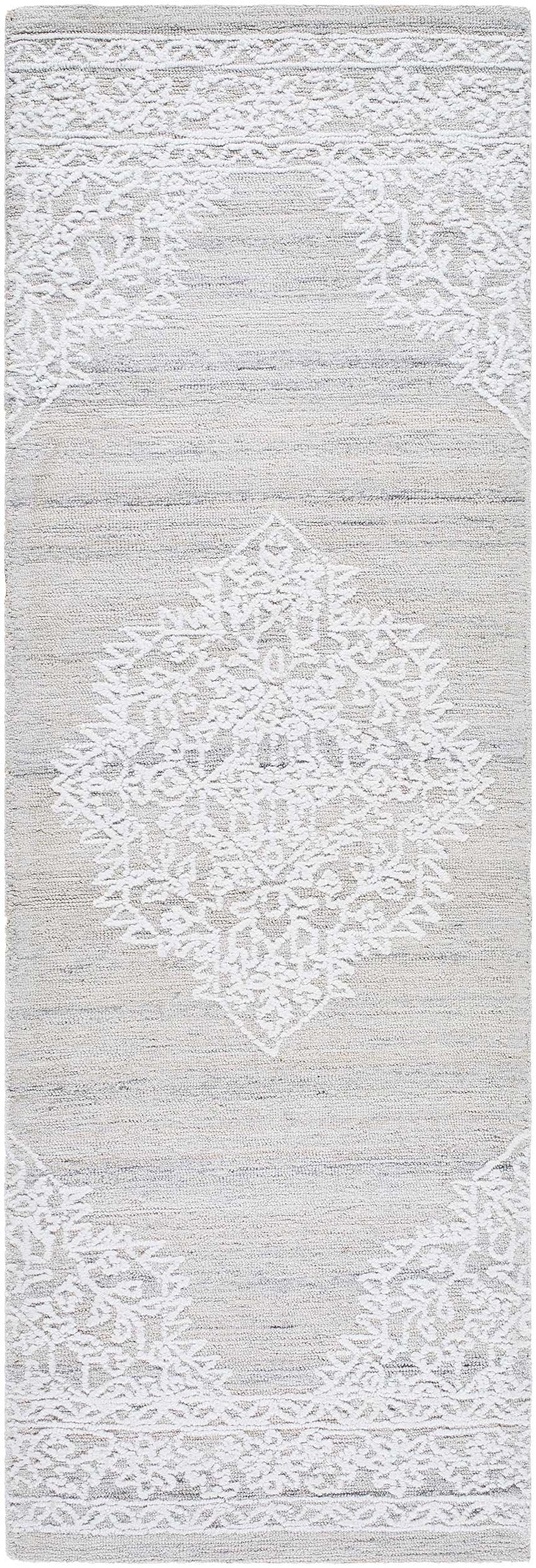 Close-up of the hand-tufted Denae Cream Area Rug. Farmhouse style with gray and silver floral medallion pattern. Design-Runner-268
