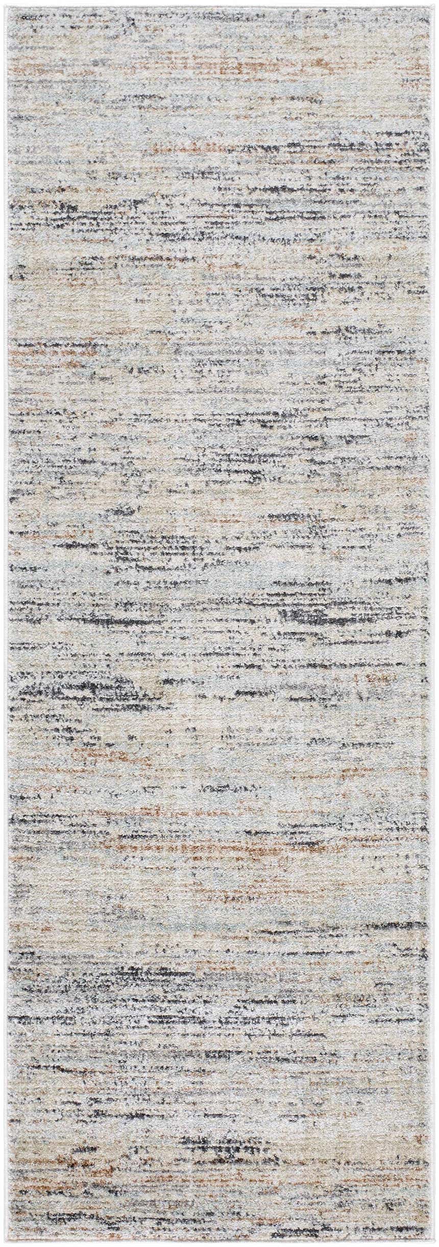 Close-up of the Fizza Area Rug, a machine-woven rug in beige, bone, camel, and gray with a contemporary, abstract pattern. Design-Runner-2673