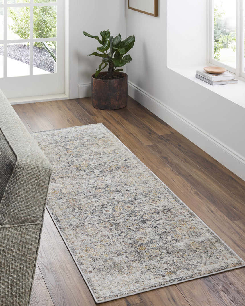 Entryway scene with a beige Issay Area Rug runner, wood floors, and natural light. Farmhouse style. Roomscene-Rectangle