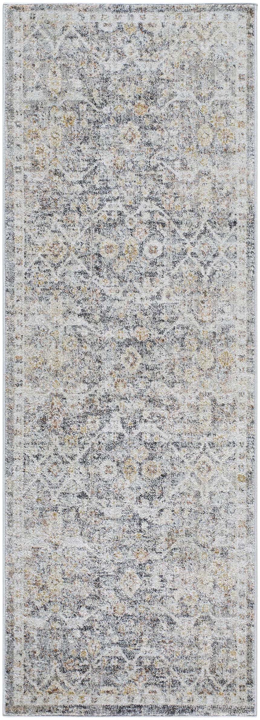 Close-up of the Issay Area Rug. Machine-woven polypropylene rug with a traditional oriental pattern in beige, gray, and brown tones. Design-Runner-2673