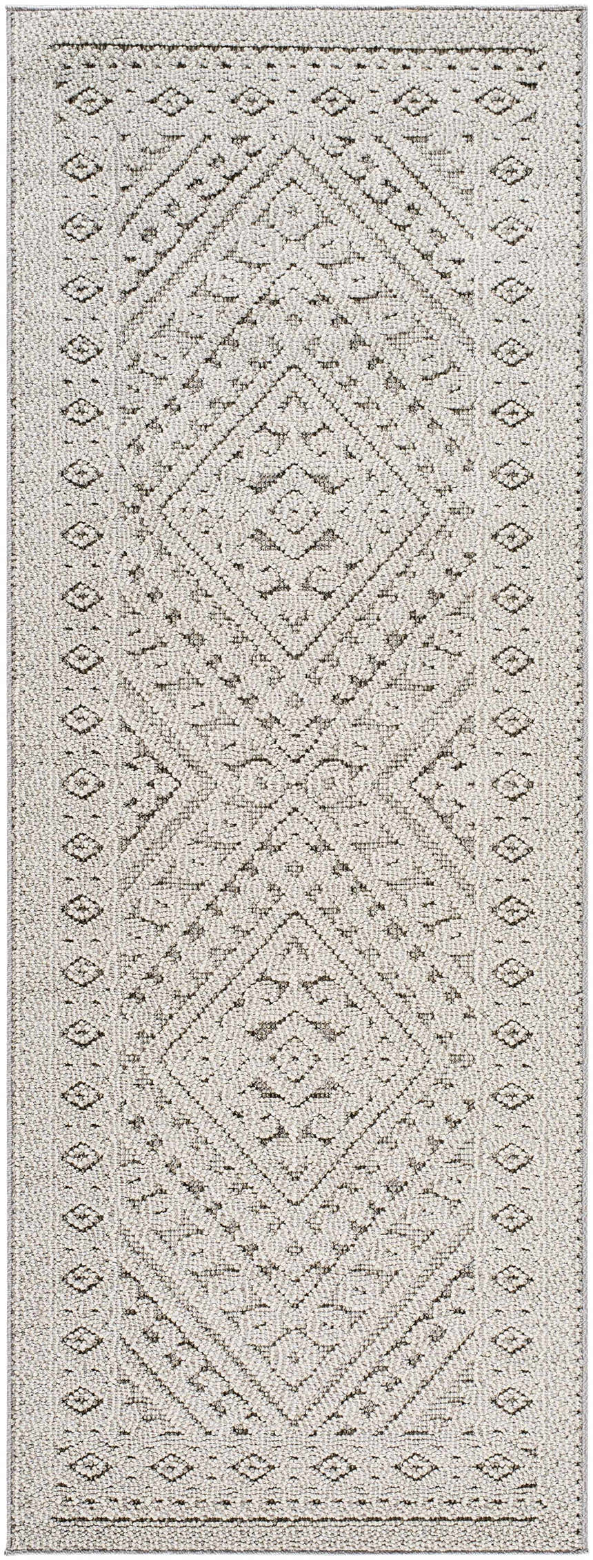 Close-up of the Hibah Natural Gray Area Rug showing its contemporary geometric pattern and textured, machine-woven construction. Design-Runner-2773