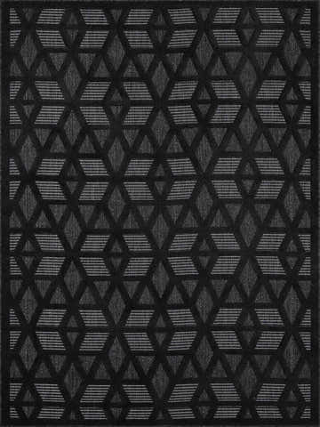 Close-up of the Nuri Black Outdoor Rug featuring a geometric diamond pattern in black, gray, and arctic stone. Design-Rectangle