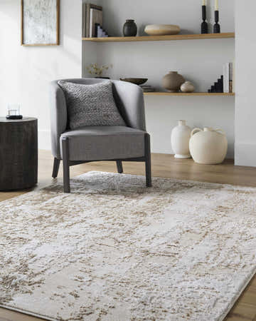 Living room scene with a beige and cream Junko Area Rug, gray chair, wood side table, and decorative shelves. Roomscene-Rectangle