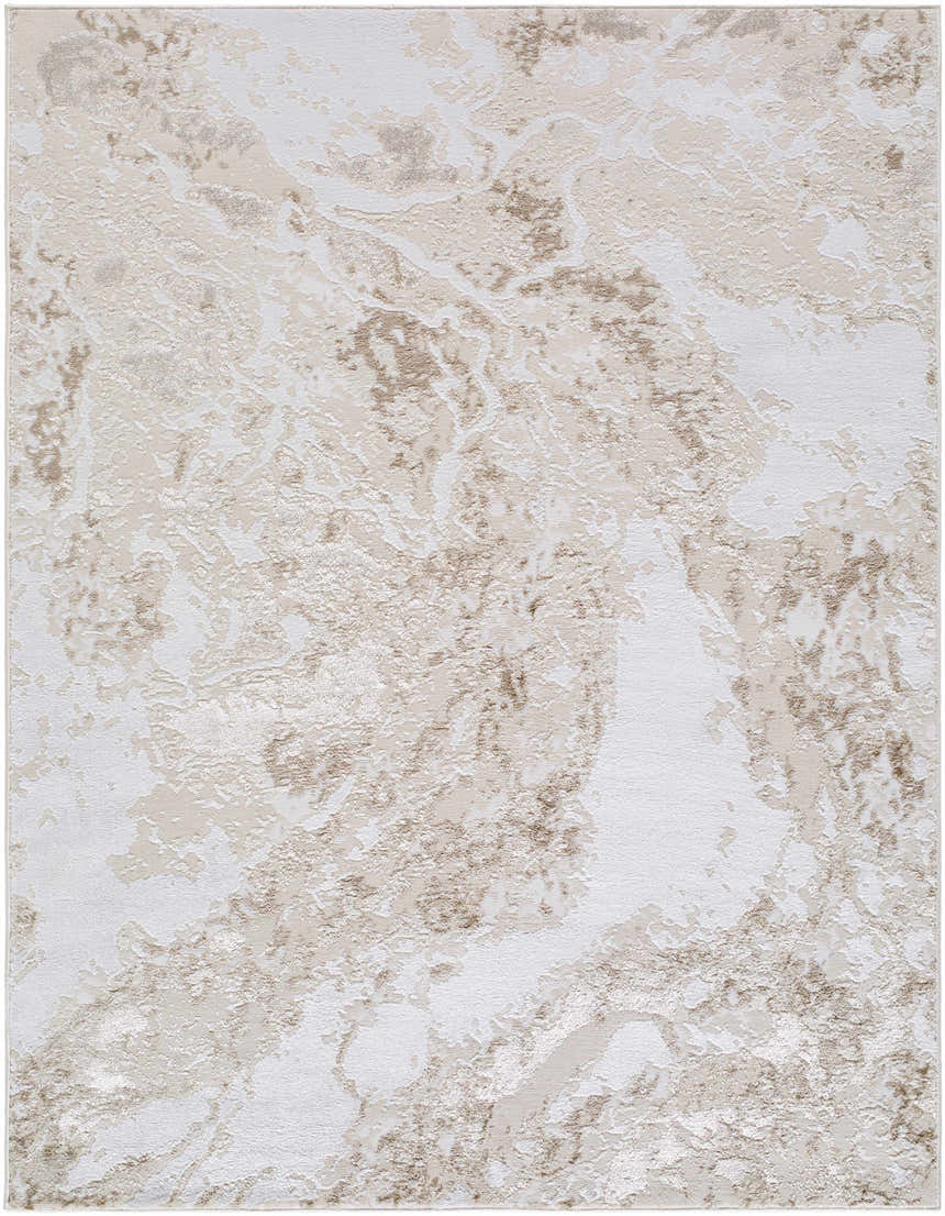Close-up of the Kaleo Area Rug, featuring a contemporary beige, cream, and tan abstract pattern. Design-Rectangle-537